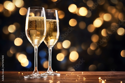 Close-up of Celebration toast with two glasses. Champagne for Christmas or New Year