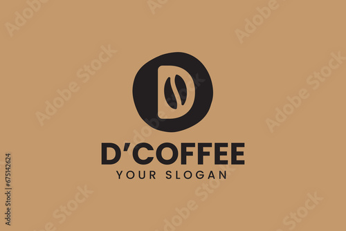 letter D with coffee bean logo design wine drink with sun light element logo design template for cafe, food and beverage business