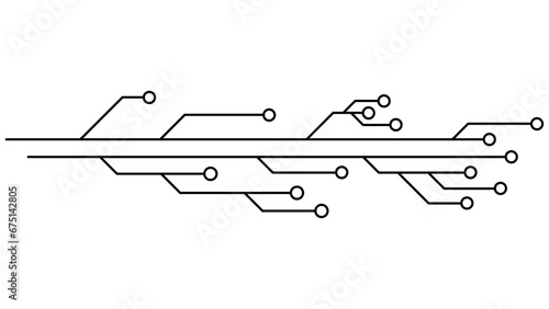 Printed circuit board PCB tracks isolated on white background. Technical clipart with lines and rings at the ends. Dividers for design. Design element.