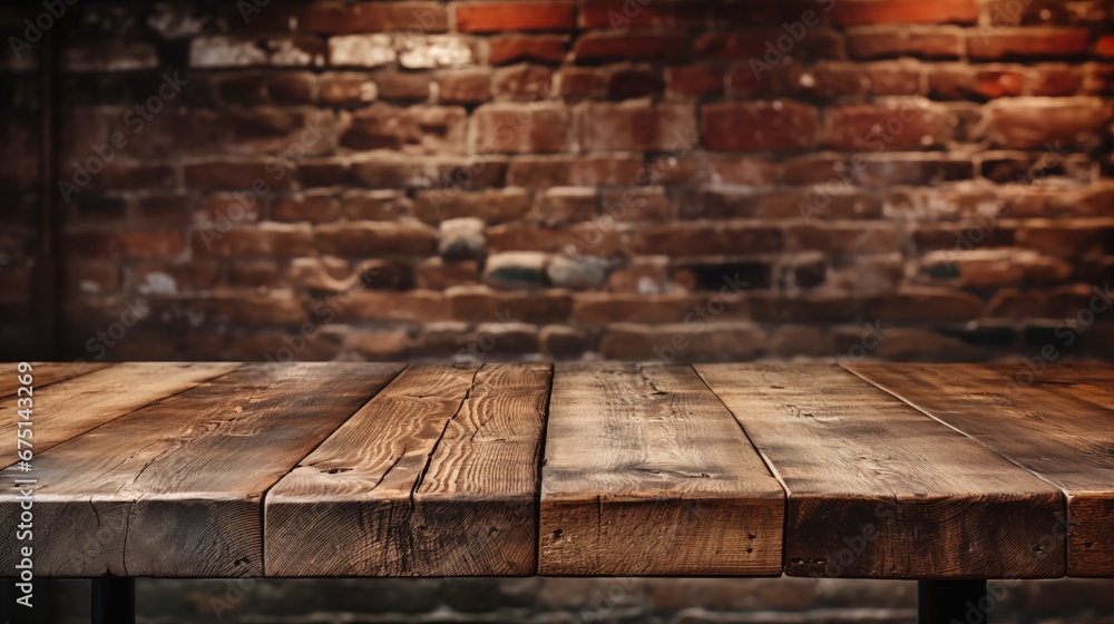 Empty wooden table and brick wall in background.