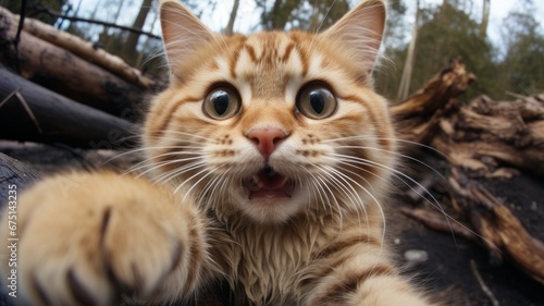 Close-up of a domestic cat with whiskers in an attack pose. A cat takes a selfie. photo