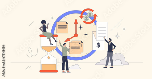 Time management as effective work planning schedule retro tiny person concept. Project deadline control for productive business planning vector illustration. Company performance monitoring strategy.