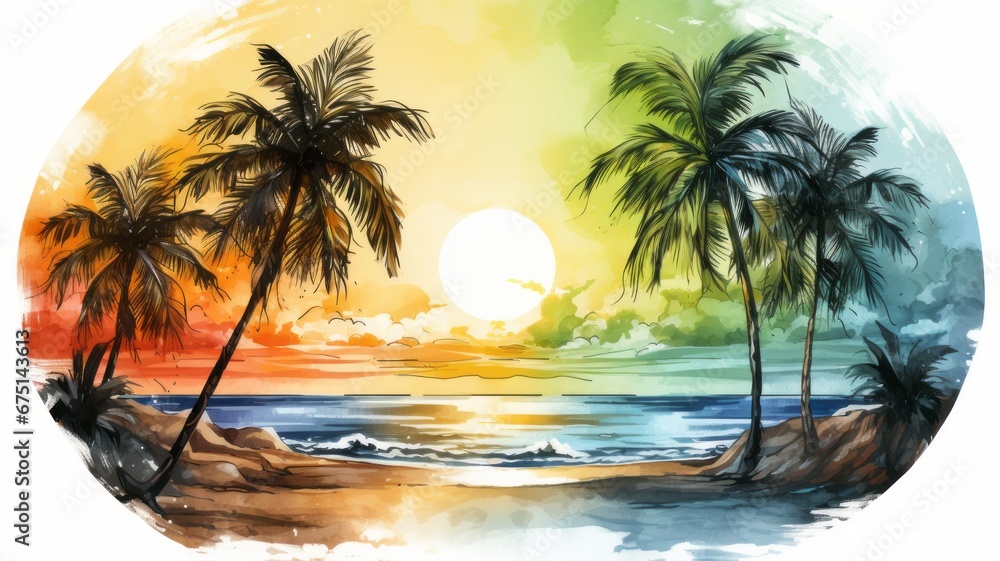 Tranquil Tropical Scene with Watercolor Palm Trees on Island