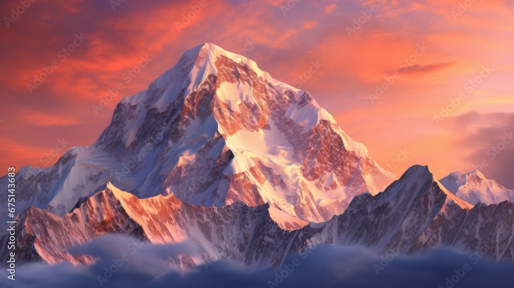 a large mountain covered in snow under a pink and blue sky with clouds in the foreground and a pink and blue sky with clouds in the background. generative ai a large mountain covered in snow under a pink and blue sky with clouds in the foreground and a pink and blue sky with clouds in the background. generative ai