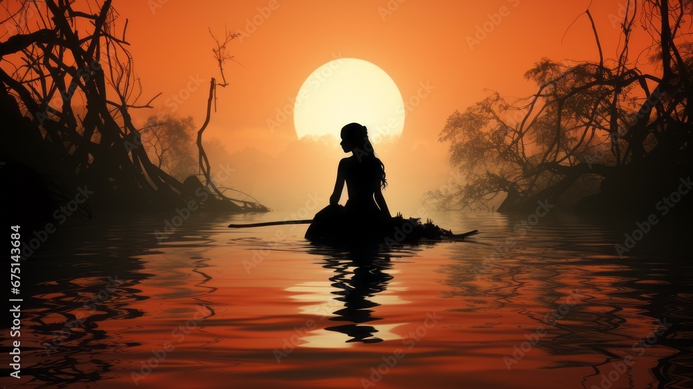 Silhouette of a woman enjoying sunset by the sea and standing against the suns