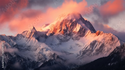  a large mountain covered in snow under a pink and blue sky with a cloud filled sky in the foreground. generative ai