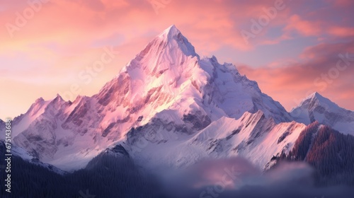  a snow covered mountain with a pink sky in the background and clouds in the foreground with a pink and blue sky in the background. generative ai