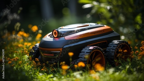 Robotic lawnmower on the green meadow