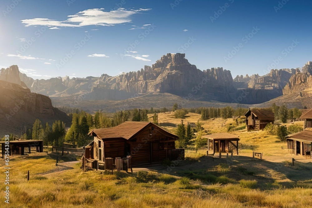 AI-generated illustration of wooden houses against the rocky mountains AI-generated illustration of wooden houses against the rocky mountains