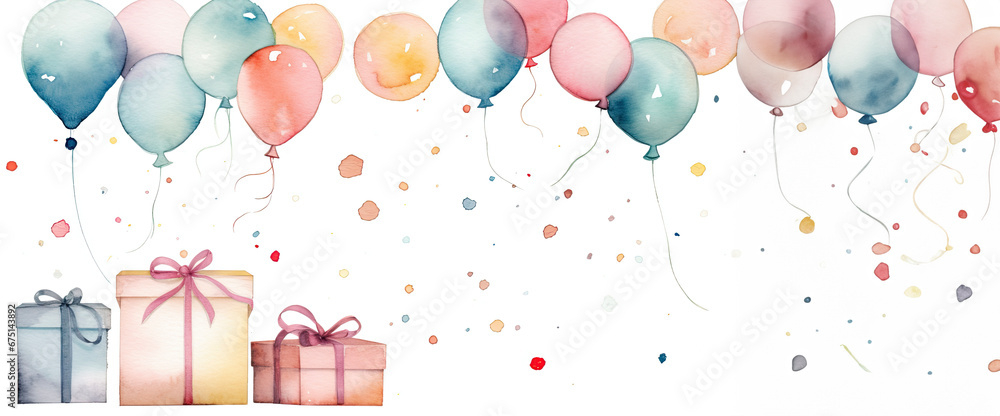 Watercolour Birthday banner with presents, festive decorations, confetti and balloons. Gentle pastel colours on white background, copy space. - obrazy, fototapety, plakaty 