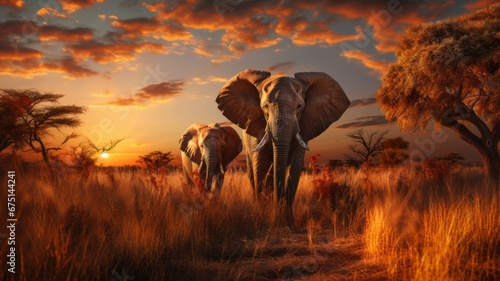 African elephant family in front of the stunning savanna sky at sunset © senadesign