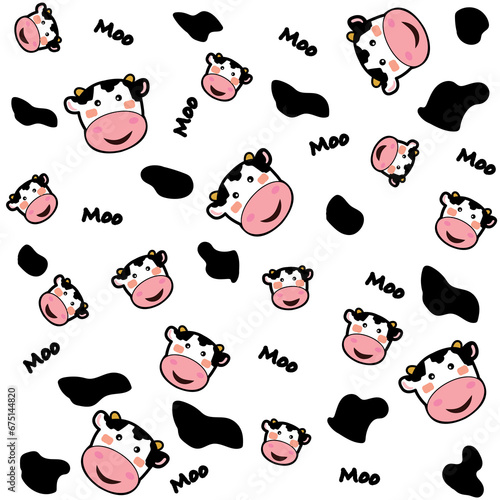 Cute cow face pattern with pink lips and text moo for printing on various objects.