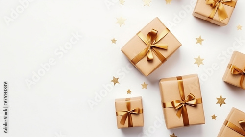 Many beautiful gift boxes with golden satin ribbon and bow on white background.Holiday gifts with Birthday or Christmas present, flat lay, happy mother day copy space. Generative AI. 