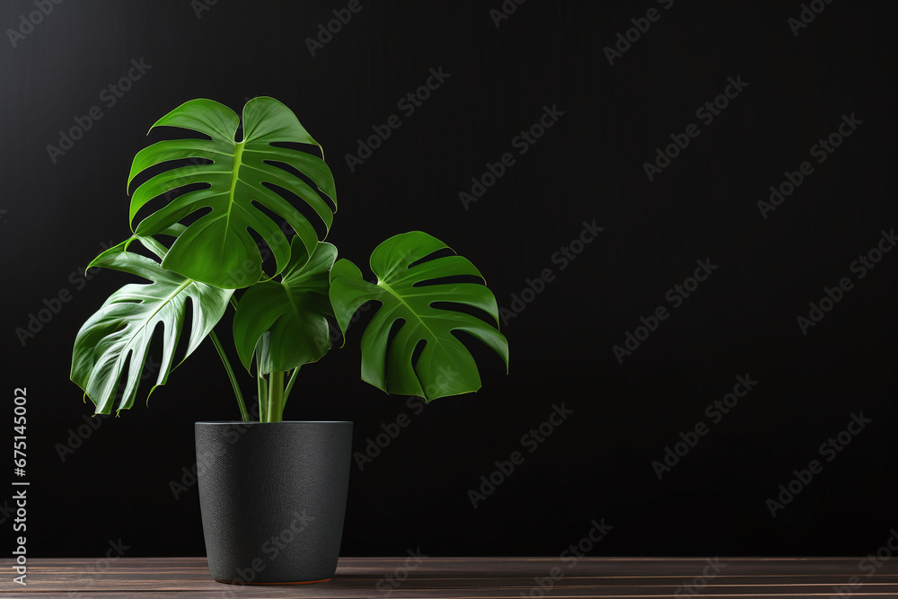 Monstera plant in pot on black room