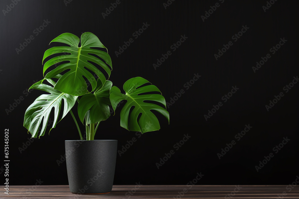 Monstera plant in pot on black room Monstera plant in pot on black room