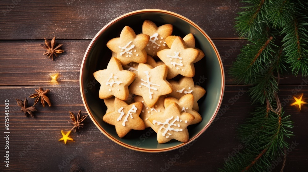 Top view Christmas sugar cookies in bowl on wooden background with christmas tree Top view Christmas sugar cookies in bowl on wooden background with christmas tree