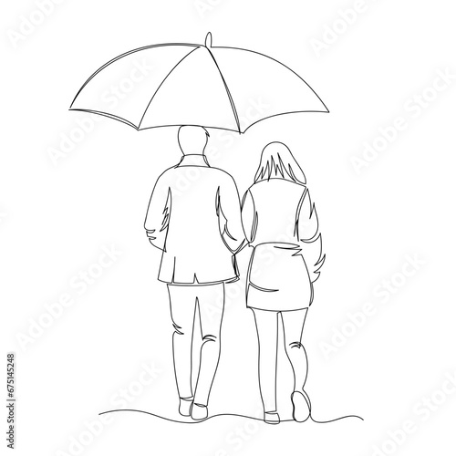 two people under an umbrella. people walk in the rain. one line. continuous line. vector drawing