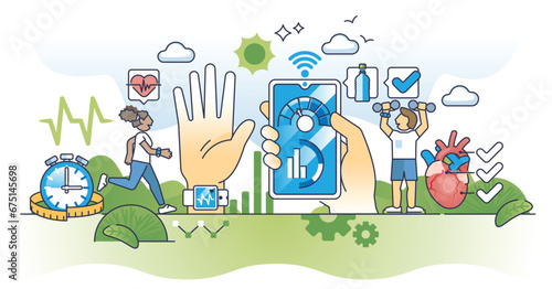 mHealth or mobile medical health control application outline concept. Smartphone app with heart monitoring, pulse checkup in sport and hydration reminder vector illustration. Digital healthcare.