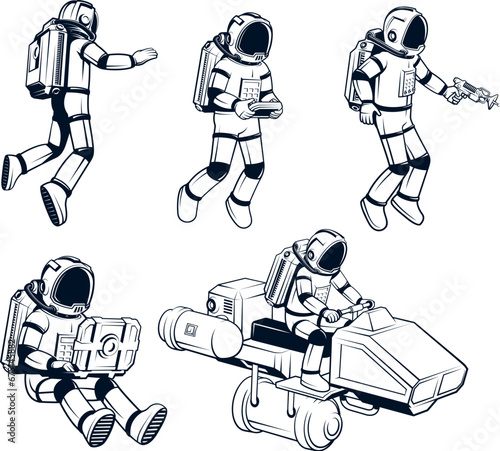 Cosmonaut in a spacesuit in various poses. Astronaut on a space bike. Contour vector drawing. Cosmonaut set.