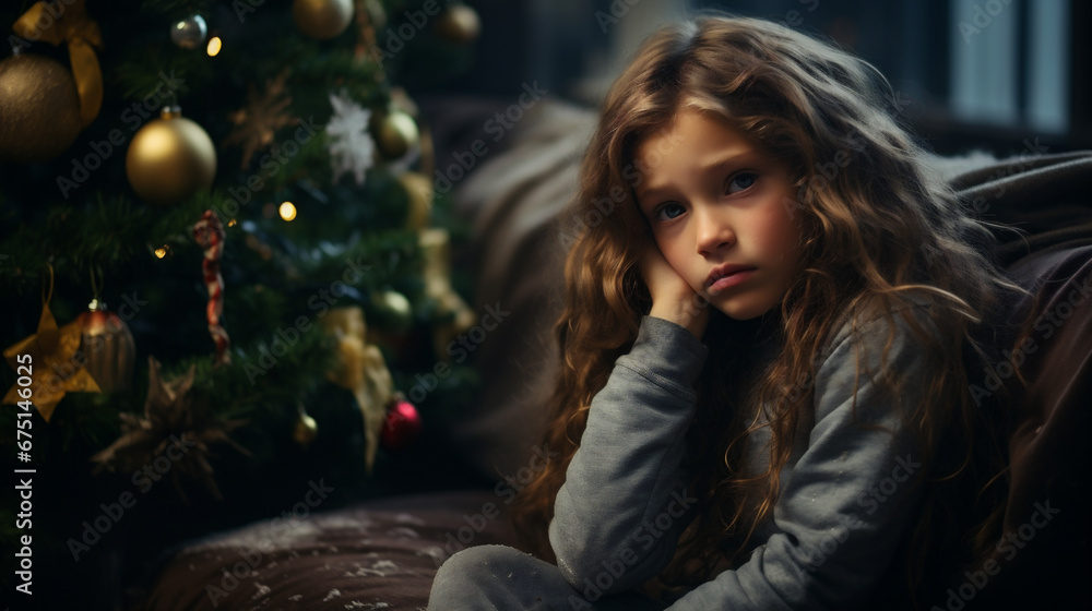 Portrait of a sad little girl sitting near the Christmas tree. Portrait of a sad little girl sitting near the Christmas tree.