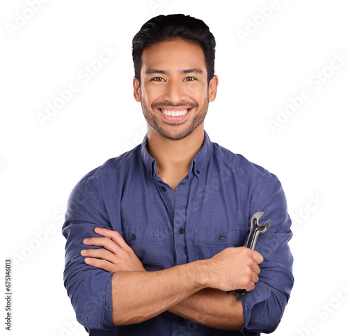 Portrait, man with spanner or smile isolated on transparent png background in repair solution, maintenance or problem solving. Professional work, person or happy plumber with mechanic tools or wrench