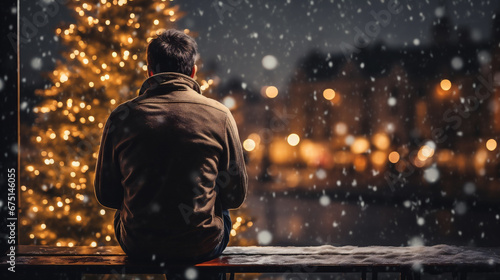 Back view of man sitting on bench in front of christmas tree and looking at falling snow