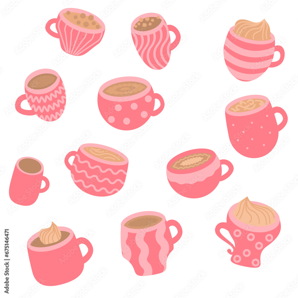 Cute nude pink color coffee cups. Flat cartoon illustration of cappuccino, latte, espresso, frappe, hot chocolate, cocoa, tea for menus, cafes, fabrics, posters, decoration. Cute nude pink color coffee cups. Flat cartoon illustration of cappuccino, latte, espresso, frappe, hot chocolate, cocoa, tea for menus, cafes, fabrics, posters, decoration.