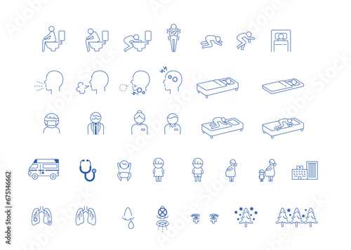 医療系アイコンのセット_インフルエンザ・コロナ・胃腸・アレルギー・様々な症状