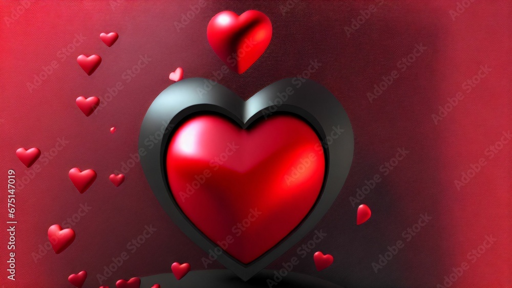 AI generated illustration of a big vibrant red heart with flying small hearts in the background