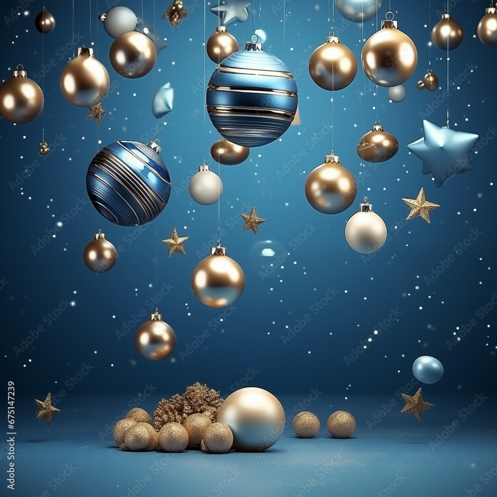 Fototapeta premium Merry Christmas and Happy New Year. Christmas festive background with realistic 3d objects, blue and white balls