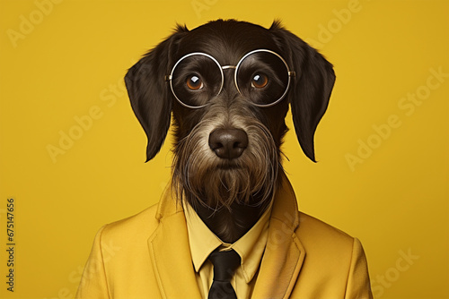 A dog in a uniform and wearing glasses