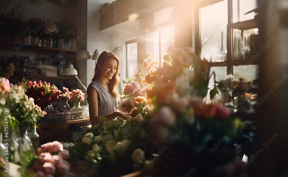 Woman working at flower shop, floral design studio, arranging display, showcase