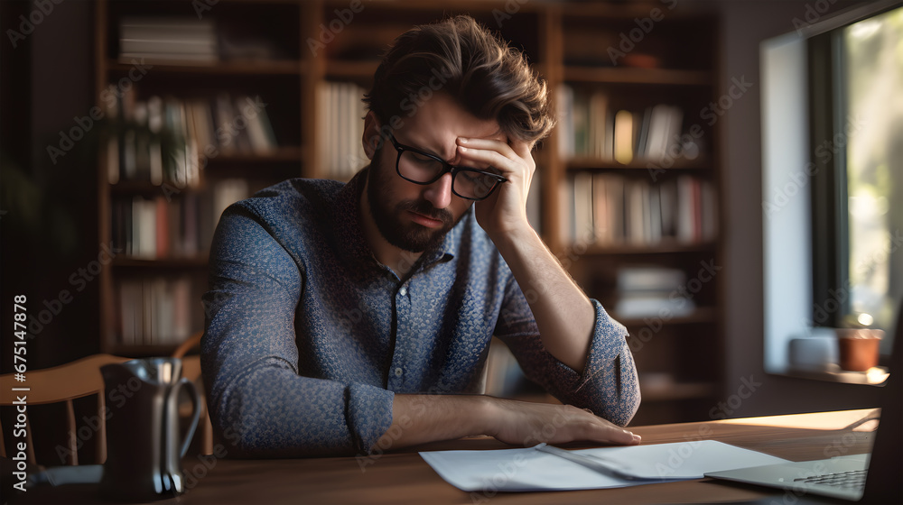 Overworked young man. Exhausted, burnout, anxiety, take break in online work Overworked young man. Exhausted, burnout, anxiety, take break in online work