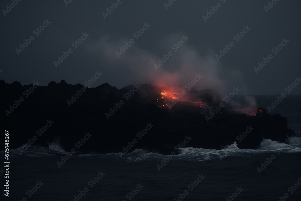Dramatic interaction of lava flowing into the ocean, emitting a fiery hue.