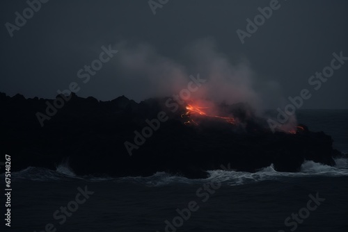 Dramatic interaction of lava flowing into the ocean, emitting a fiery hue.
