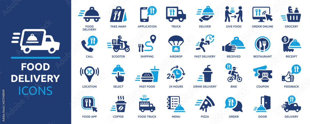 Food delivery icon set. Containing order food, restaurant, fast food, scooter, application, deliver, menu, grocery, take away and more. Solid vector icons collection. Food delivery icon set. Containing order food, restaurant, fast food, scooter, application, deliver, menu, grocery, take away and more. Solid vector icons collection.
