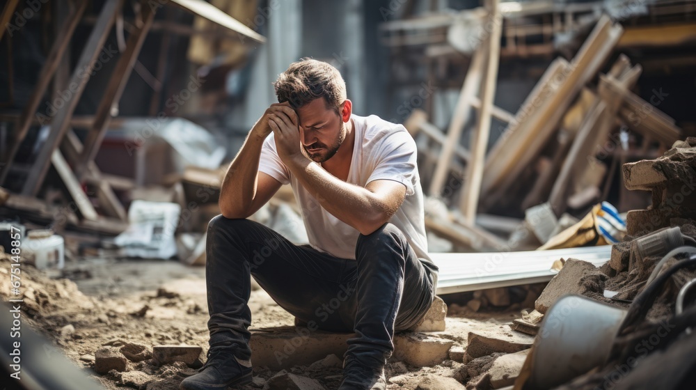 Fototapeta premium Stressed worker sitting on the floor at construction site