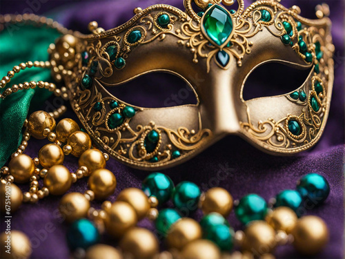 Venetian carnival mask and beads decoration. Mardi gras background © Parkaidowe