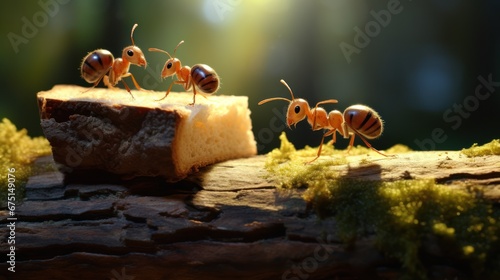 Two ants lift bread on a piece of wood, symbolizing unity.