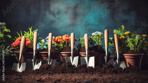Gardening Tools on Soil Background. Spring Garden Works Concept  photo