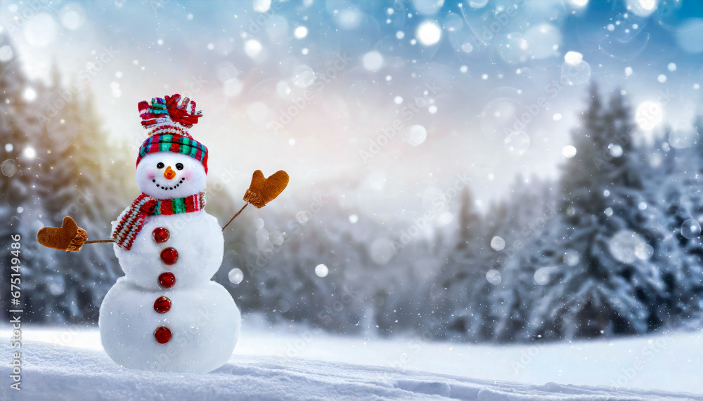 Fototapeta premium Schneemann im Schnee, textfeiraum, Generated image