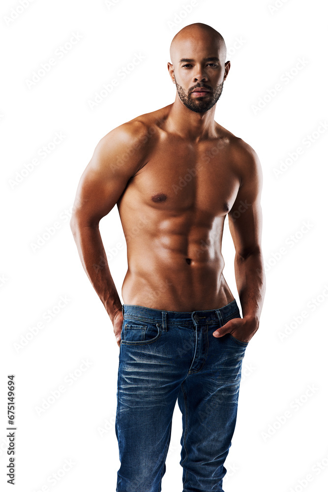 Shirtless portrait, strong torso and man with fitness, workout performance or exercise results from muscle building. Strength, aesthetic body and male model isolated on a transparent, png background - obrazy, fototapety, plakaty 
