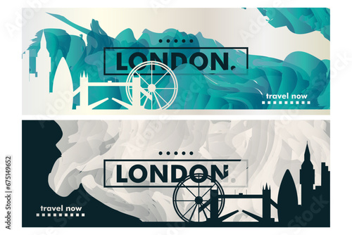 UK London city banner pack with abstract shapes of skyline, cityscape, landmark. United Kigdon, England travel vector horizontal layout set for brochure, website, page, presentation, header, footer