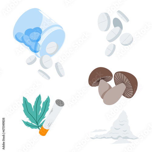 drugs doodle illustration sticker concept for social media decoration. white pills and weed flat design 