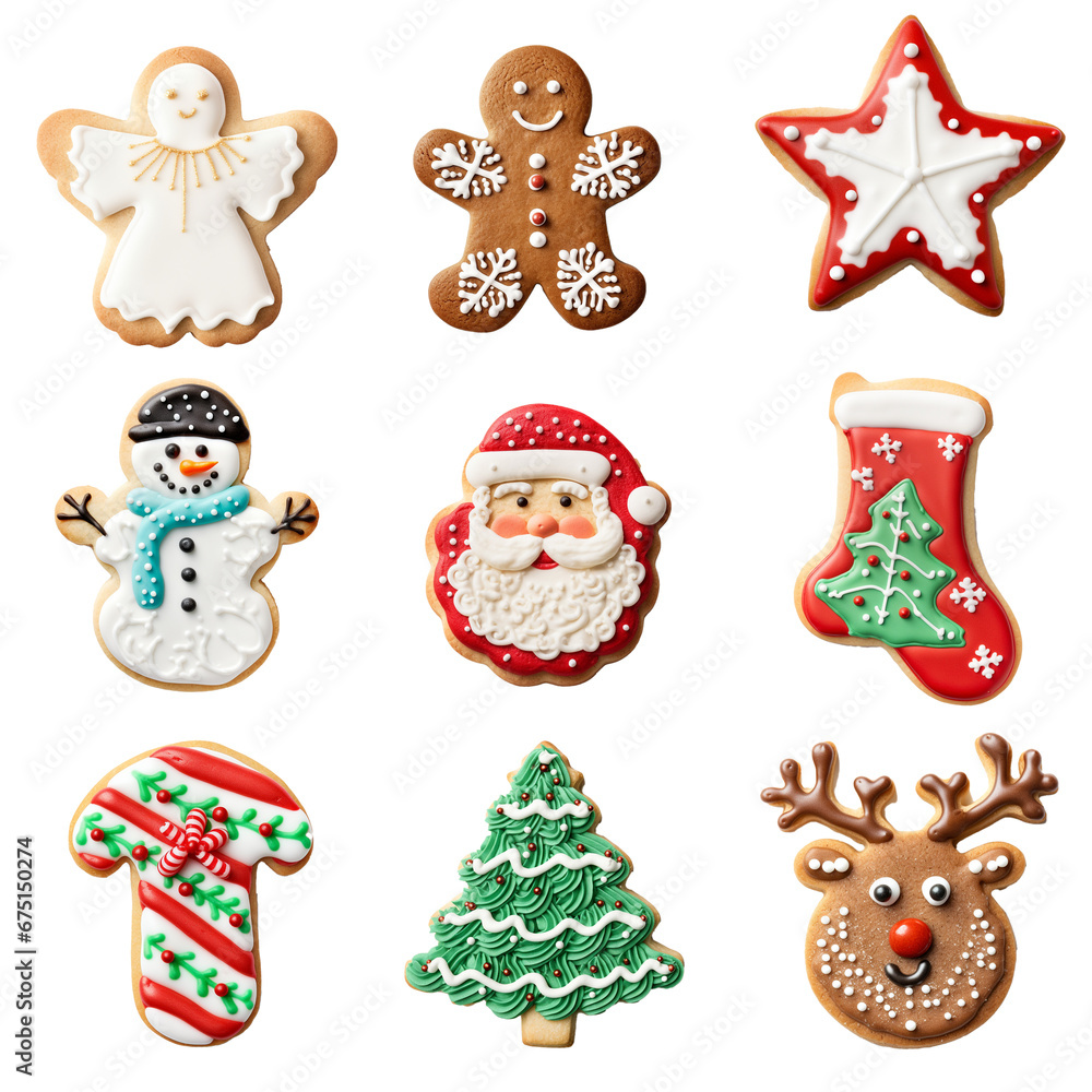 Christmas gingerbread festive cookie collection isolated on a plain white background