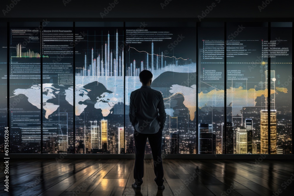 Person standing in front gigantic data screen. Data and analytics concept, data visualisation, analytics tools, data centers Person standing in front gigantic data screen. Data and analytics concept, data visualisation, analytics tools, data centers