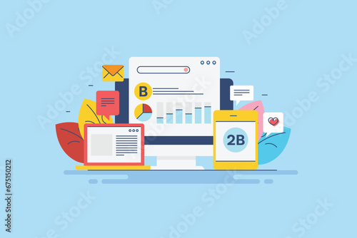Online business to business digital marketing service, software solution for b2b company, analytics growth graph on web dashboard, filled outline vector illustration.