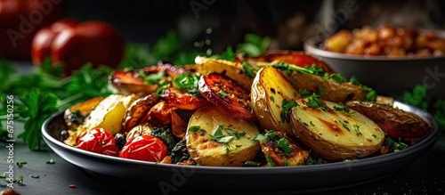 For a healthy breakfast try a new roasted potato plate with boiled young vegetables and a touch of aromatic herbs and garlic providing both health benefits and a satisfying start to your da photo