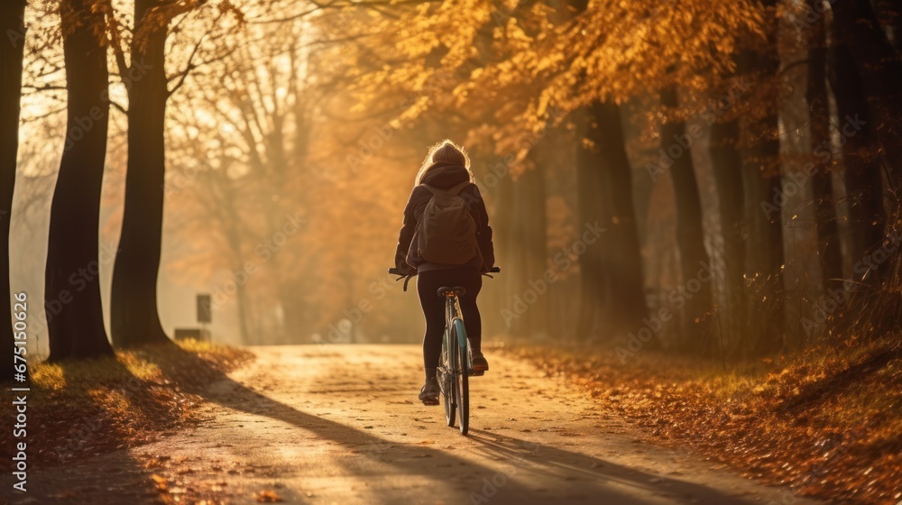 Woman riding a bicycle in forest in autumn at sunset. Woman riding a bicycle in forest in autumn at sunset.