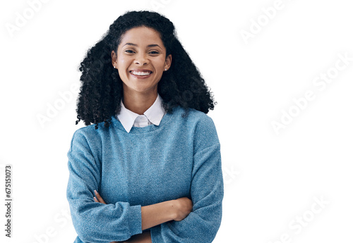 Business woman with arms crossed, smile and portrait isolated on transparent png background. Face of confident entrepreneur, creative professional and designer or employee in South Africa at startup